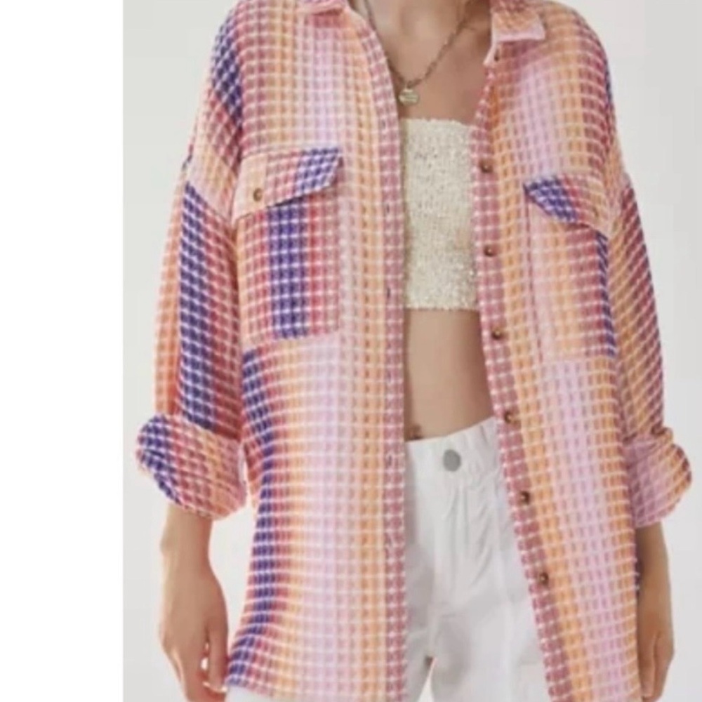 BDG Urban Outfitters Pink Blue Waffle Knit Button-Down HI-Lo hip n cozy shirt